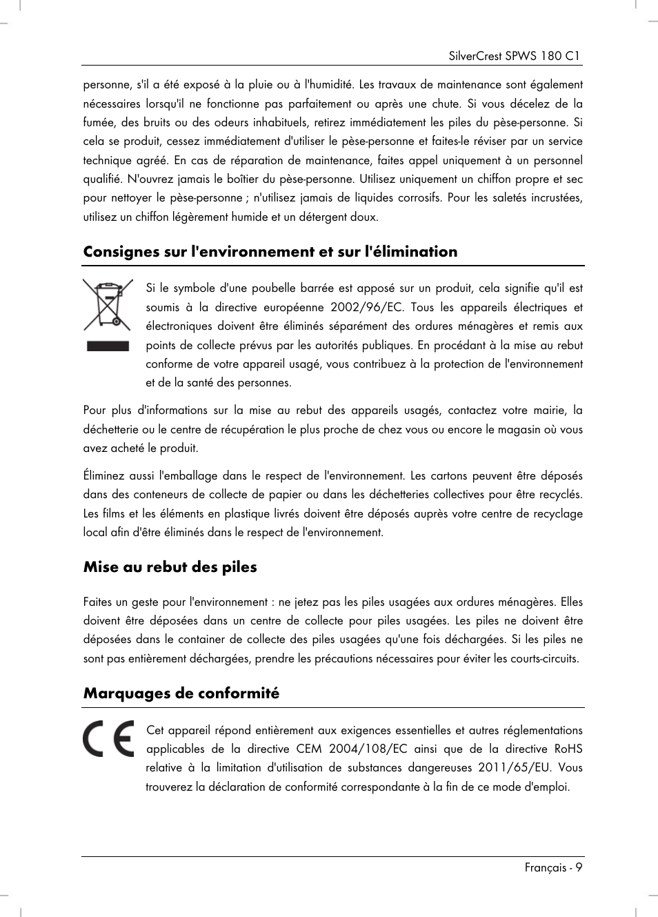 Consignes sur l'environnement et sur l'élimination, Mise au rebut des piles, Marquages de conformité | Silvercrest SPWS 180 C1 User Manual | Page 11 / 34