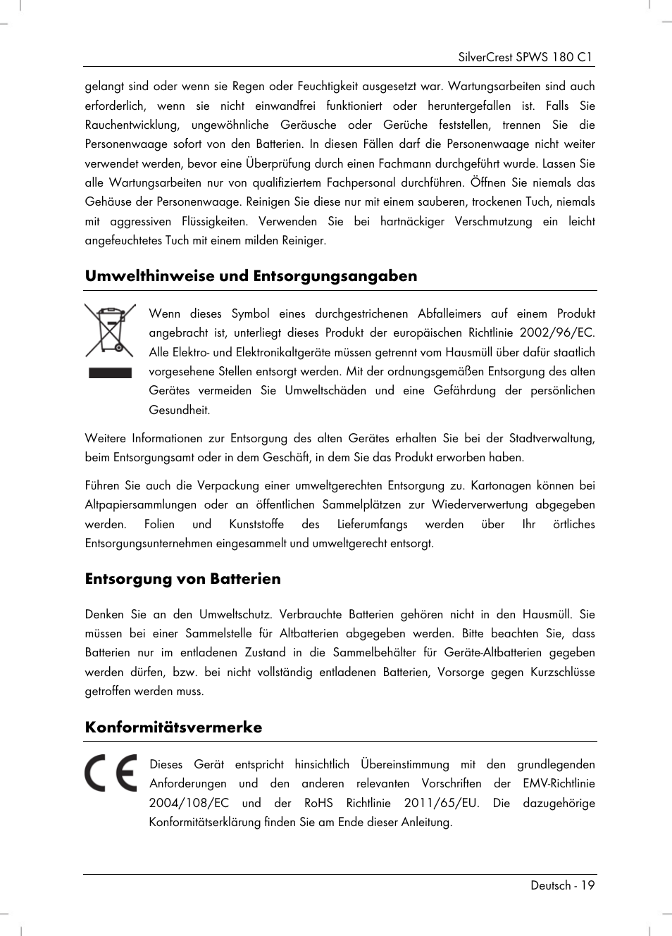 Umwelthinweise und entsorgungsangaben, Entsorgung von batterien, Konformitätsvermerke | Silvercrest SPWS 180 C1 User Manual | Page 21 / 34