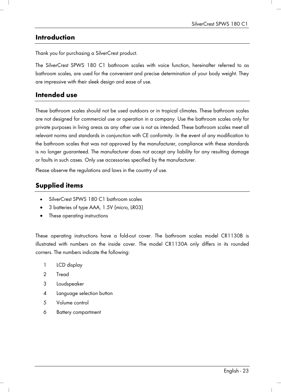 Introduction, Intended use, Supplied items | Silvercrest SPWS 180 C1 User Manual | Page 25 / 34