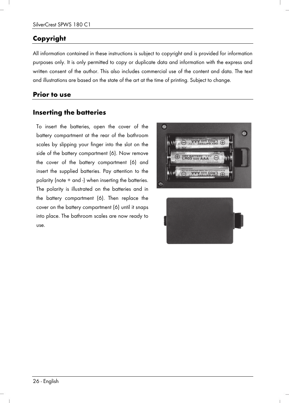 Copyright, Prior to use inserting the batteries | Silvercrest SPWS 180 C1 User Manual | Page 28 / 34