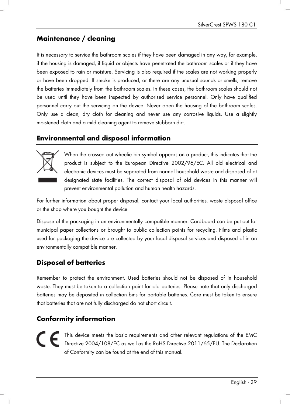 Maintenance / cleaning, Environmental and disposal information, Disposal of batteries | Conformity information | Silvercrest SPWS 180 C1 User Manual | Page 31 / 34