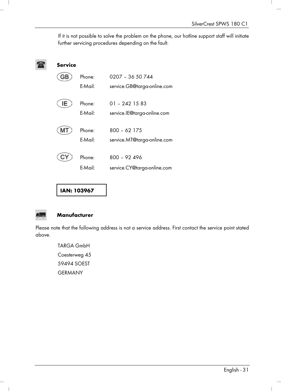 Silvercrest SPWS 180 C1 User Manual | Page 33 / 34