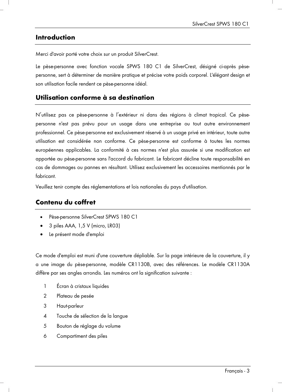 Introduction, Utilisation conforme à sa destination, Contenu du coffret | Silvercrest SPWS 180 C1 User Manual | Page 5 / 34