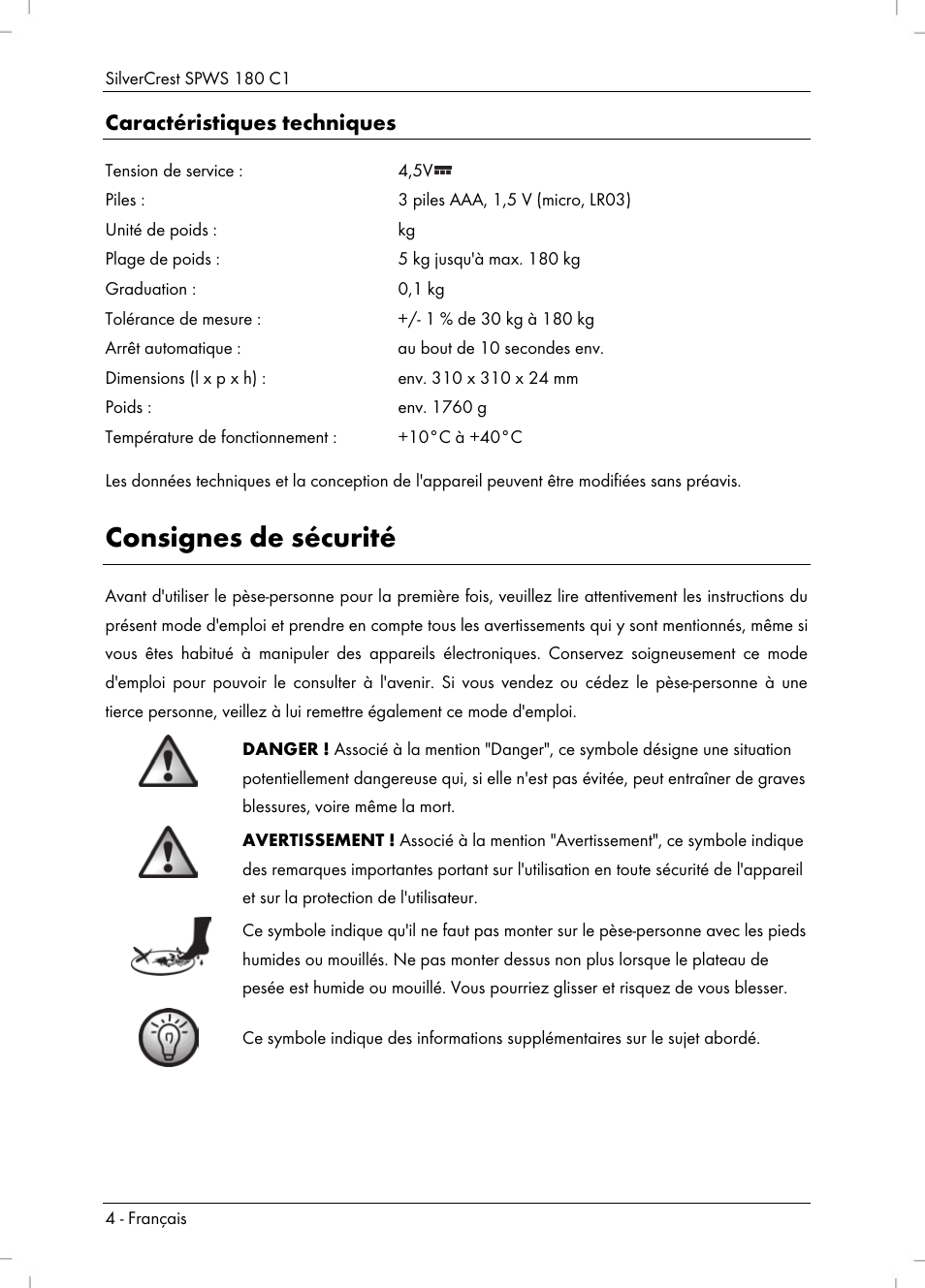 Consignes de sécurité, Caractéristiques techniques | Silvercrest SPWS 180 C1 User Manual | Page 6 / 34