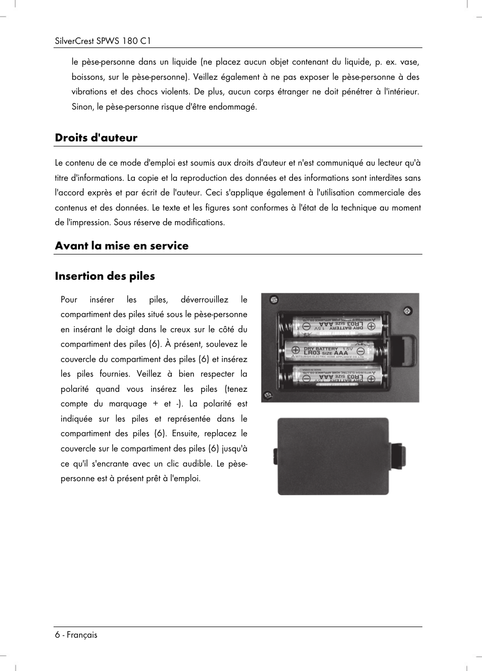 Droits d'auteur, Avant la mise en service insertion des piles | Silvercrest SPWS 180 C1 User Manual | Page 8 / 34