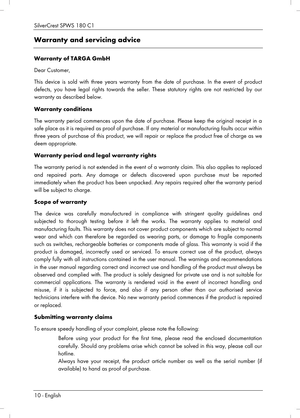 Warranty and servicing advice | Silvercrest SPWS 180 C1 User Manual | Page 12 / 74