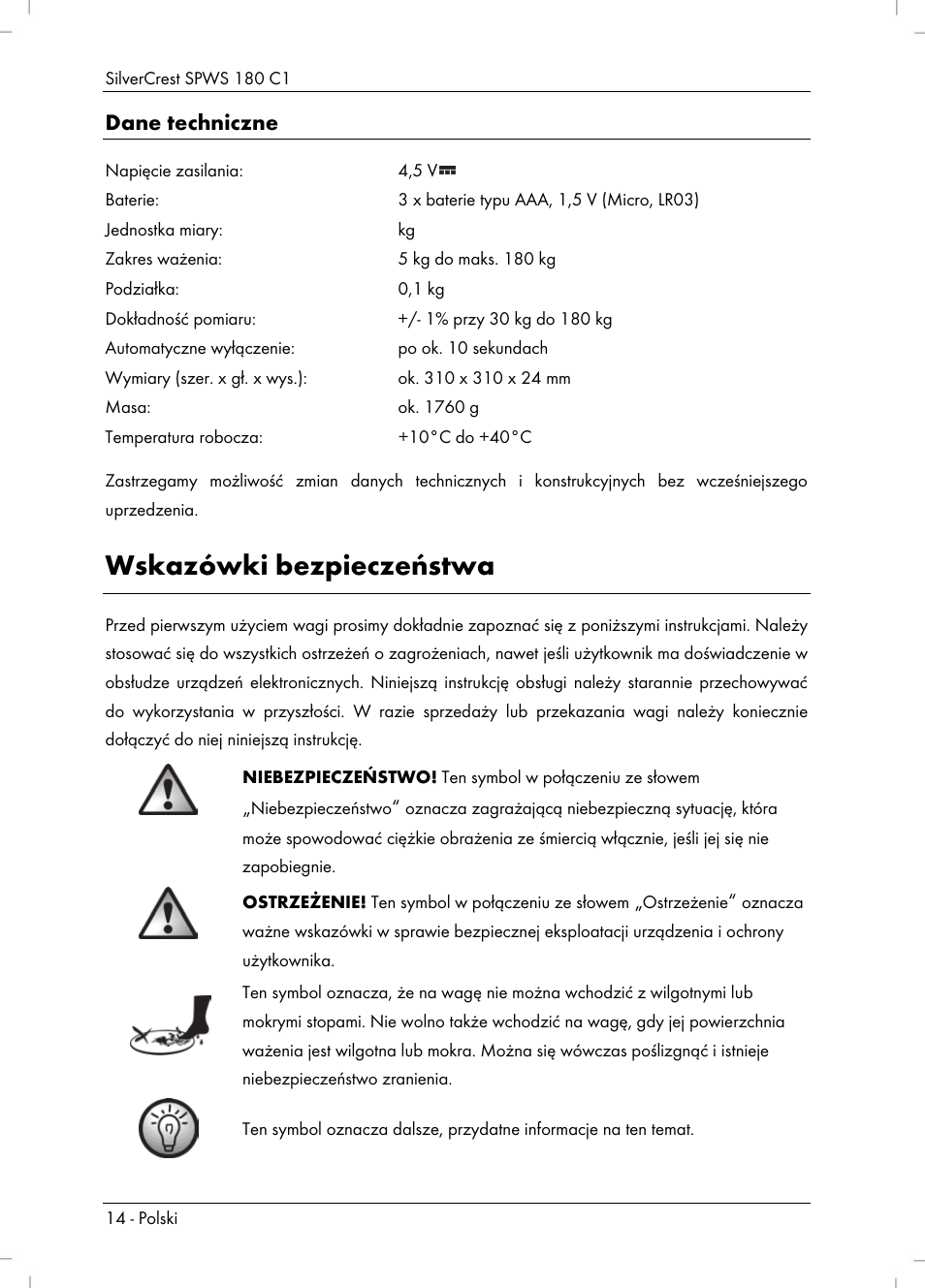Wskazówki bezpieczeństwa, Dane techniczne | Silvercrest SPWS 180 C1 User Manual | Page 16 / 74