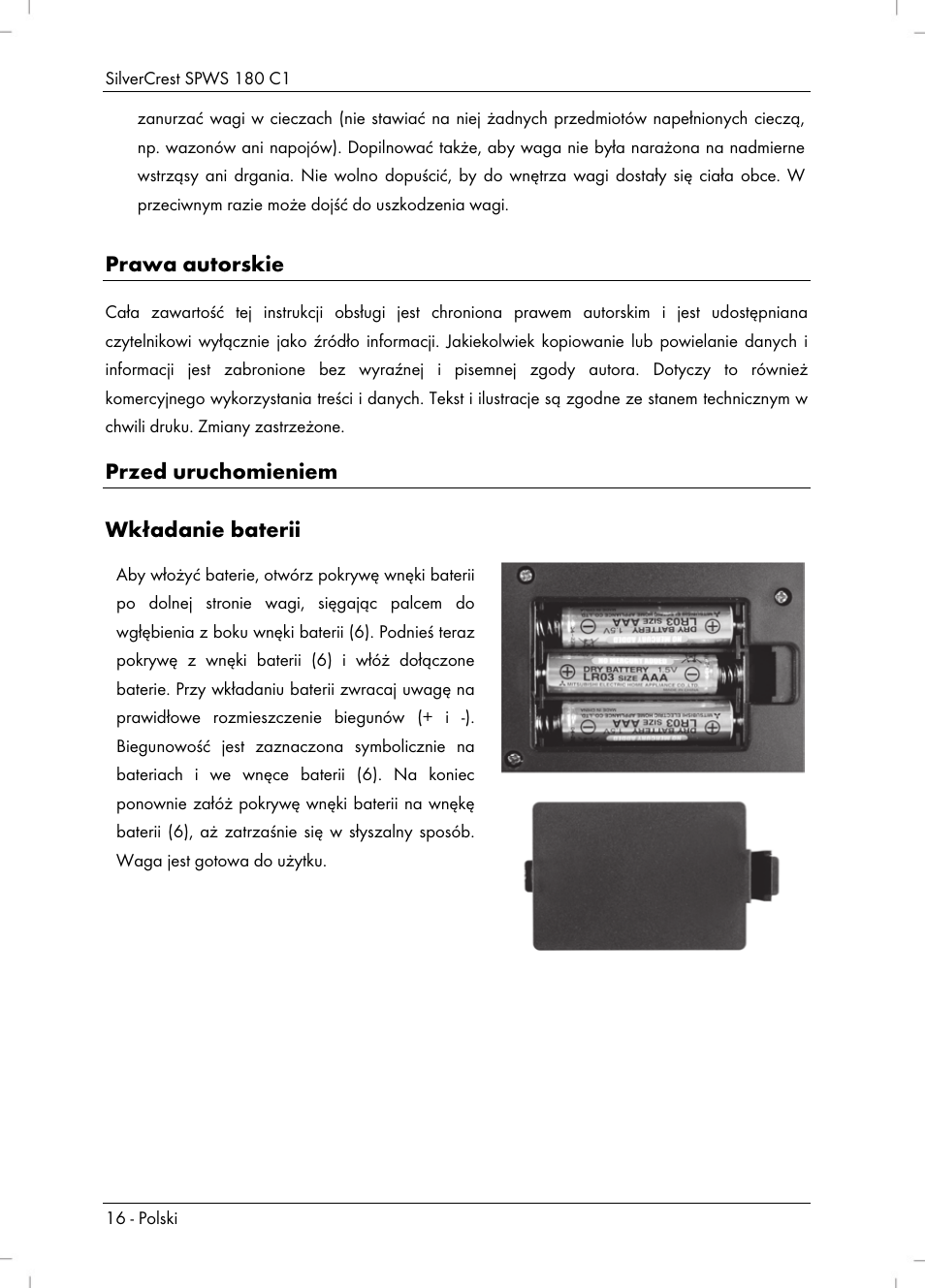 Prawa autorskie, Przed uruchomieniem wkładanie baterii | Silvercrest SPWS 180 C1 User Manual | Page 18 / 74