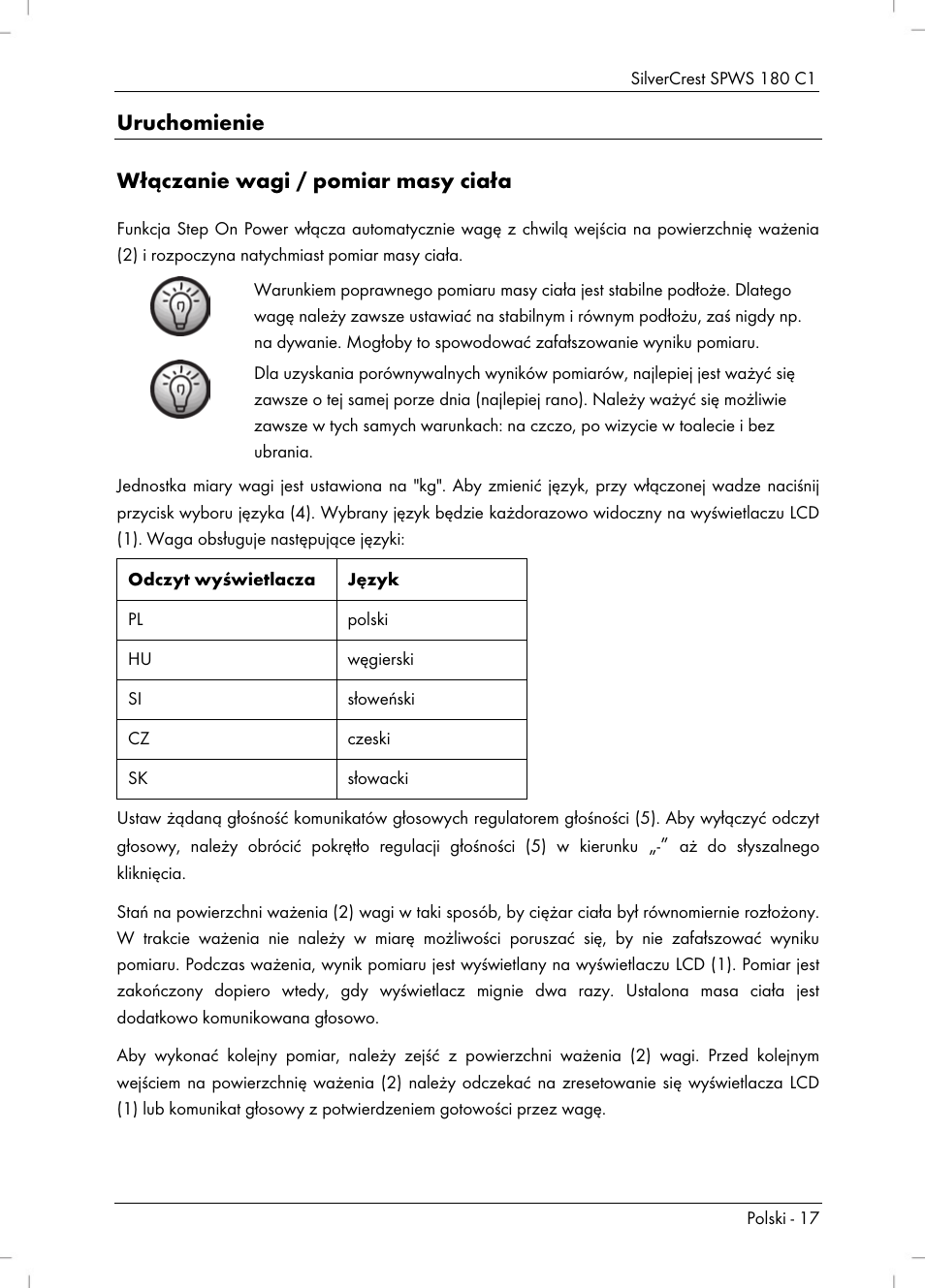 Uruchomienie włączanie wagi / pomiar masy ciała | Silvercrest SPWS 180 C1 User Manual | Page 19 / 74