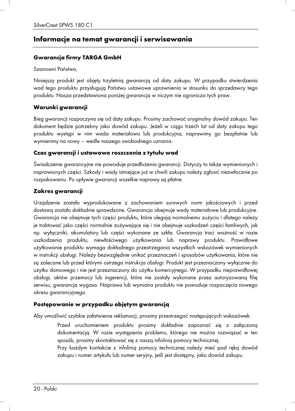 Informacje na temat gwarancji i serwisowania | Silvercrest SPWS 180 C1 User Manual | Page 22 / 74