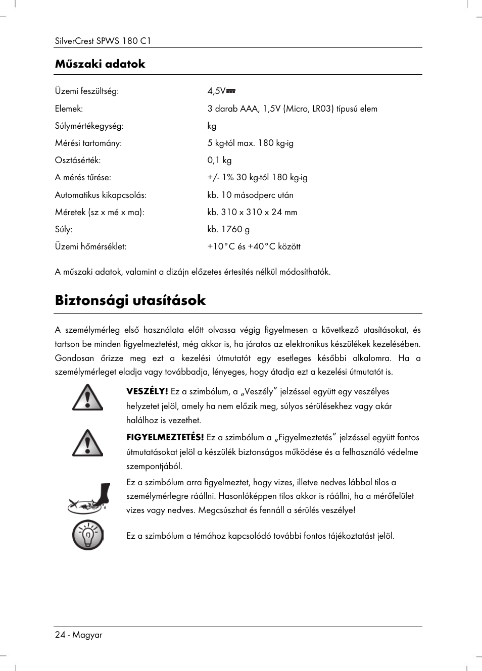 Biztonsági utasítások, Műszaki adatok | Silvercrest SPWS 180 C1 User Manual | Page 26 / 74