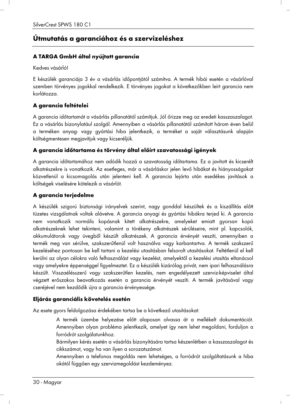 Útmutatás a garanciához és a szervizeléshez | Silvercrest SPWS 180 C1 User Manual | Page 32 / 74