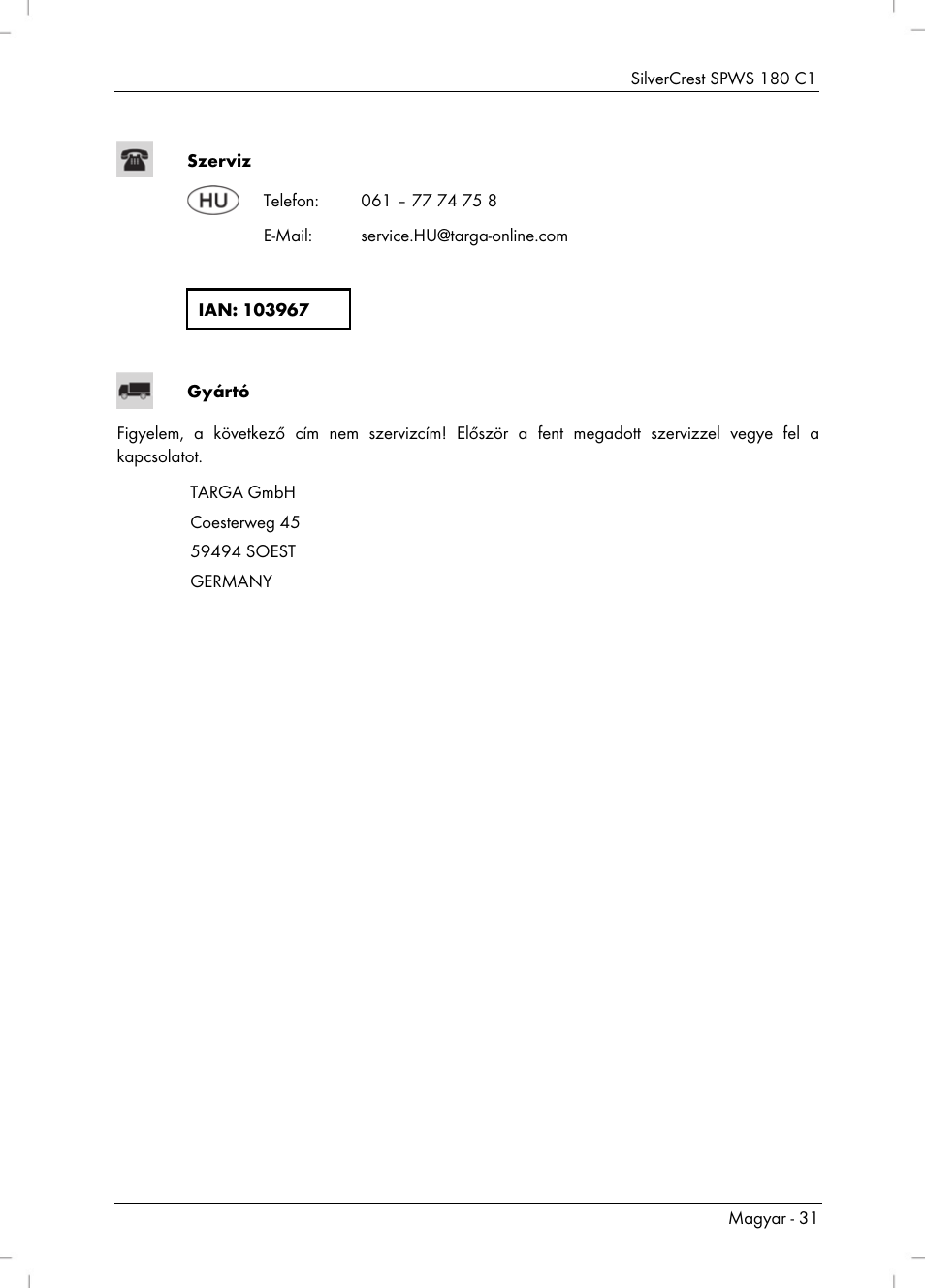 Silvercrest SPWS 180 C1 User Manual | Page 33 / 74