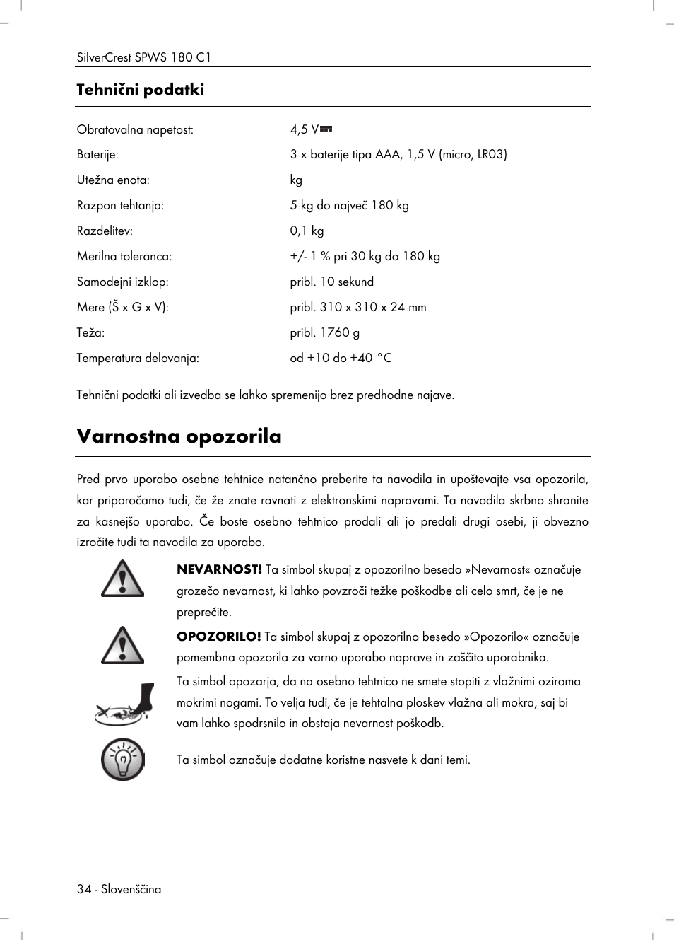 Varnostna opozorila, Tehnični podatki | Silvercrest SPWS 180 C1 User Manual | Page 36 / 74