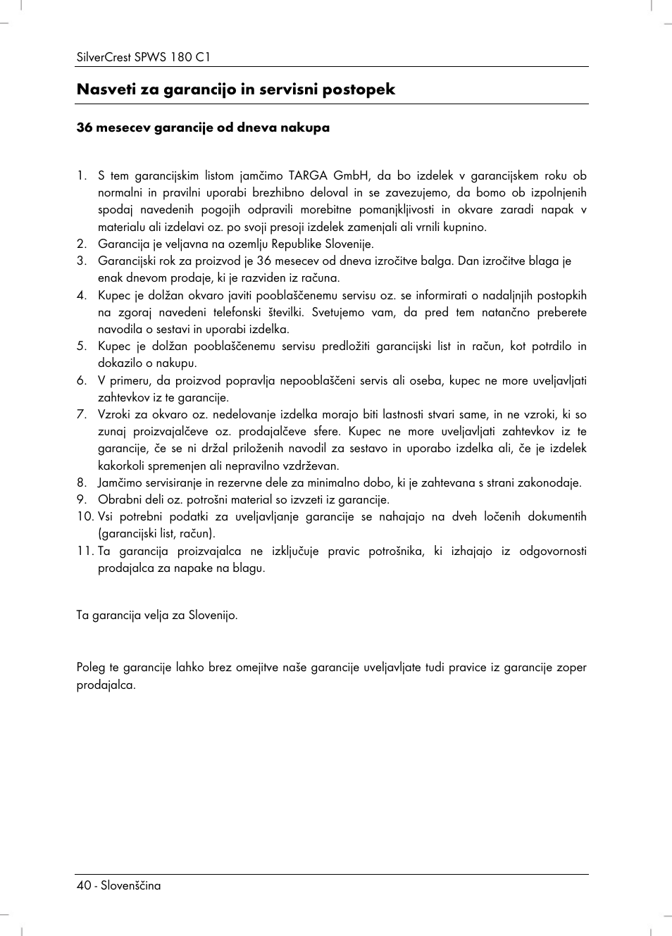 Nasveti za garancijo in servisni postopek | Silvercrest SPWS 180 C1 User Manual | Page 42 / 74