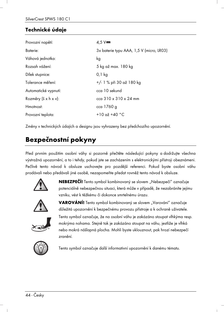 Bezpečnostní pokyny, Technické údaje | Silvercrest SPWS 180 C1 User Manual | Page 46 / 74