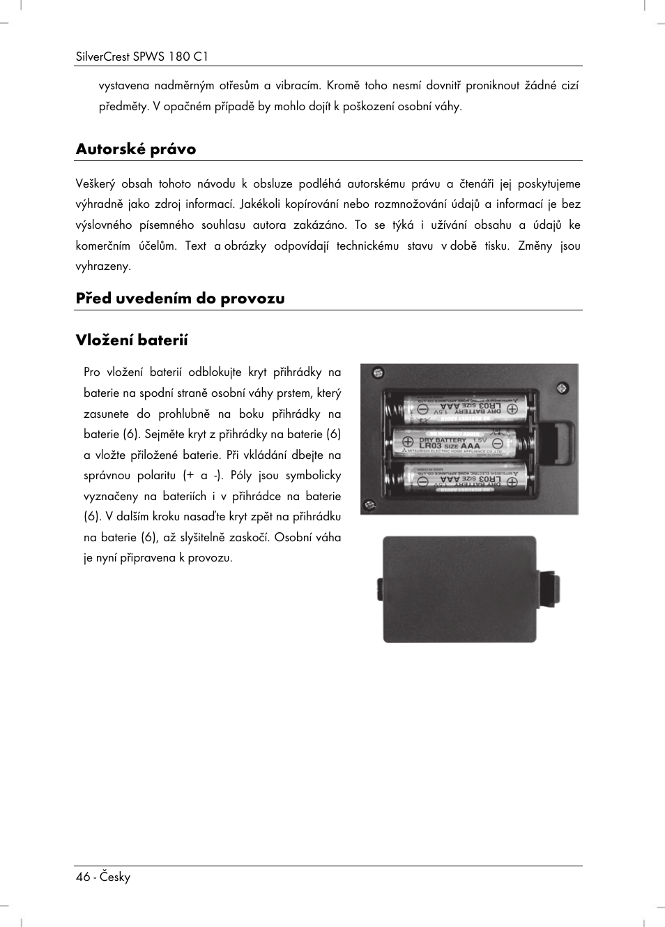 Autorské právo, Před uvedením do provozu vložení baterií | Silvercrest SPWS 180 C1 User Manual | Page 48 / 74