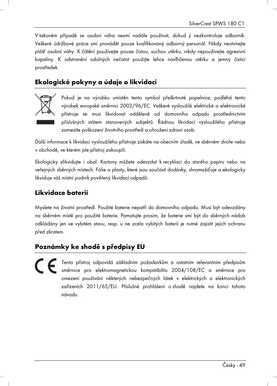 Ekologické pokyny a údaje o likvidaci, Likvidace baterií, Poznámky ke shodě s předpisy eu | Silvercrest SPWS 180 C1 User Manual | Page 51 / 74