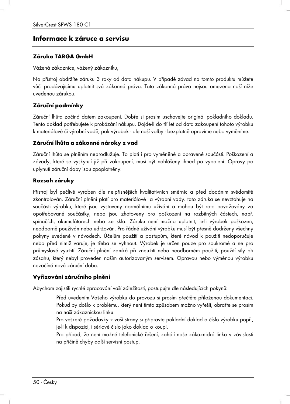 Informace k záruce a servisu | Silvercrest SPWS 180 C1 User Manual | Page 52 / 74