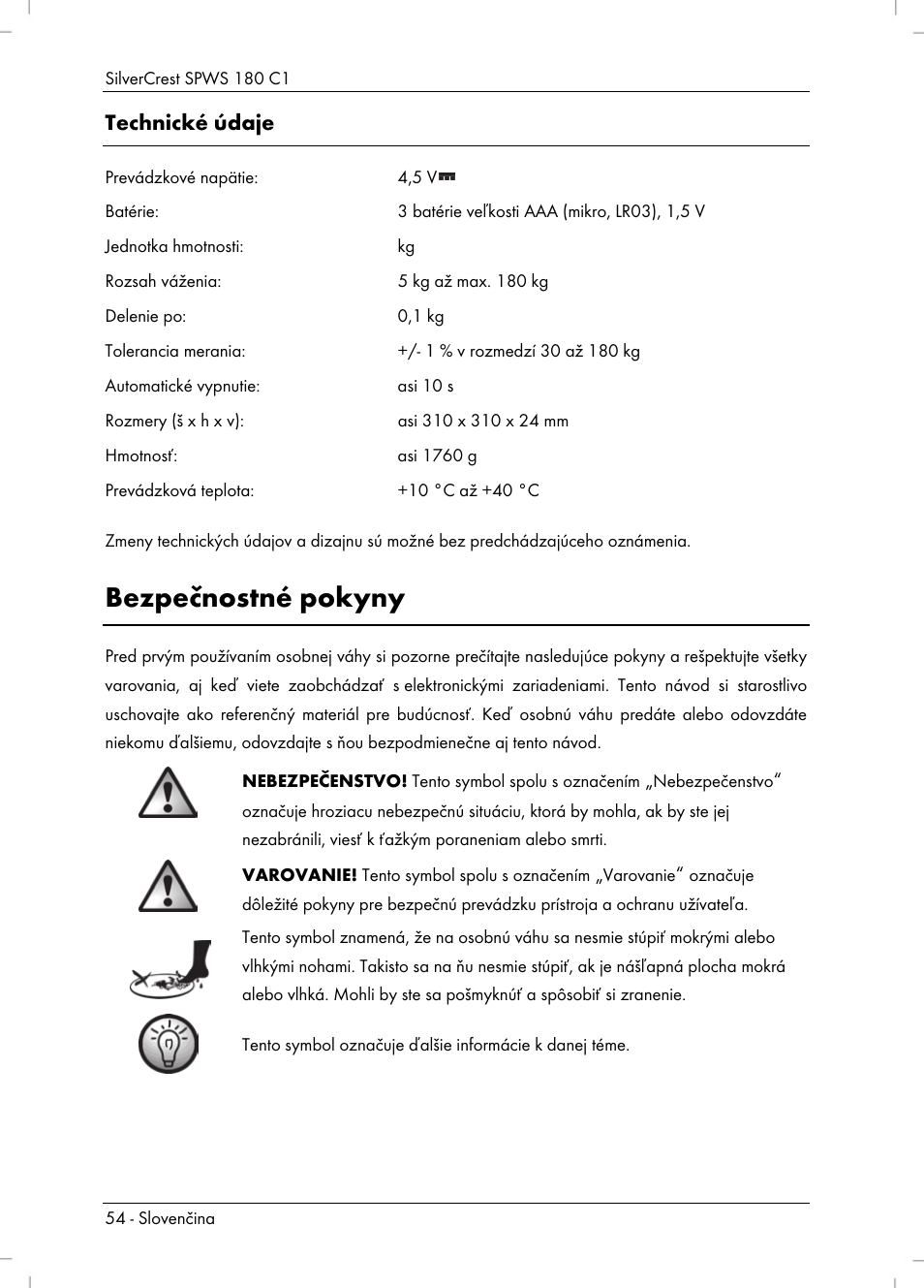Bezpečnostné pokyny, Technické údaje | Silvercrest SPWS 180 C1 User Manual | Page 56 / 74