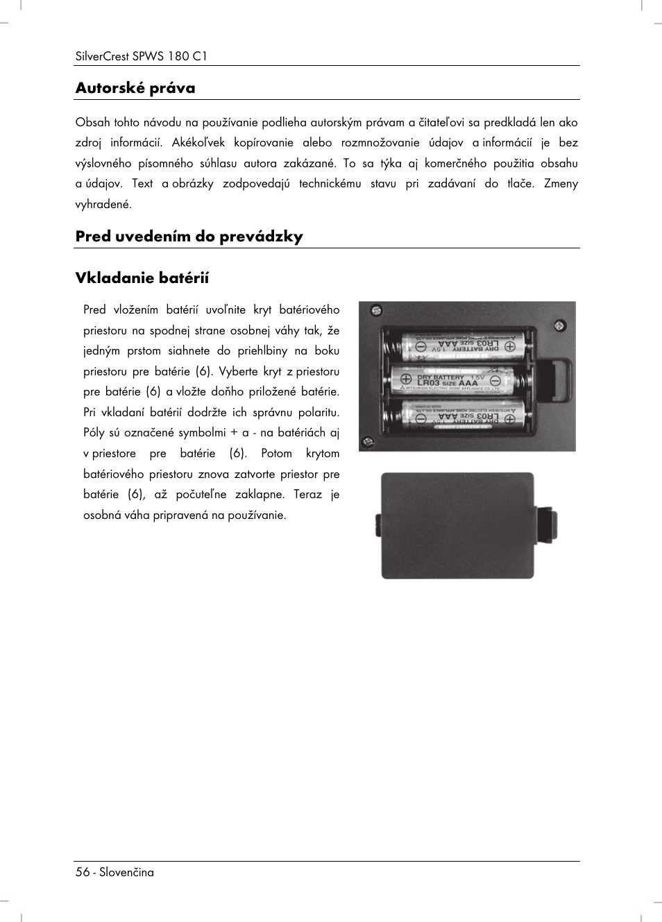 Autorské práva, Pred uvedením do prevádzky vkladanie batérií | Silvercrest SPWS 180 C1 User Manual | Page 58 / 74