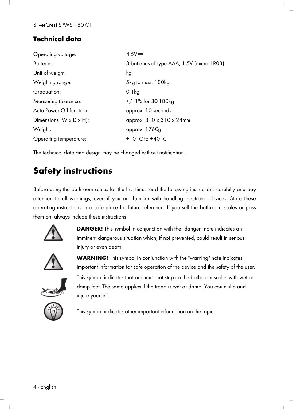 Safety instructions, Technical data | Silvercrest SPWS 180 C1 User Manual | Page 6 / 74