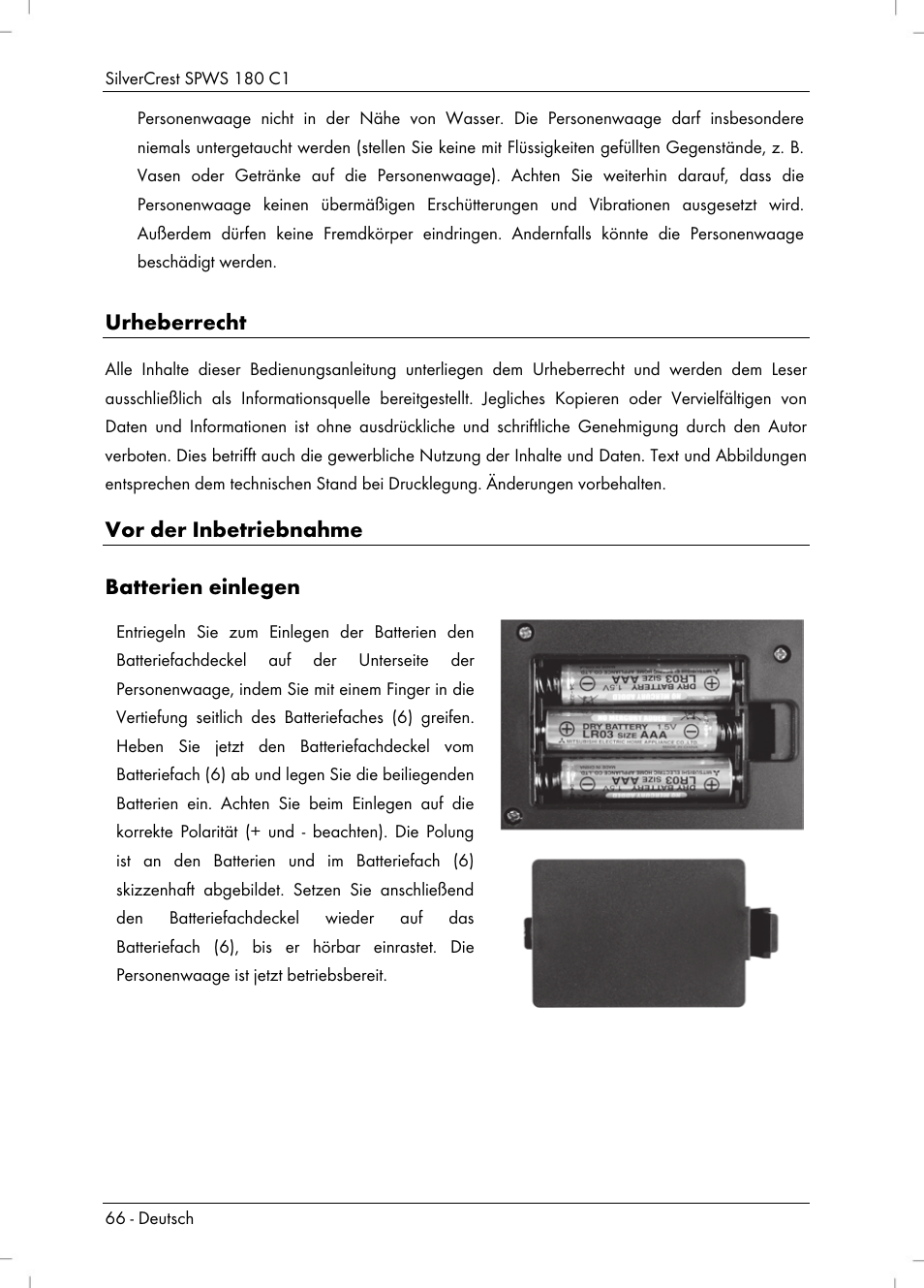 Urheberrecht, Vor der inbetriebnahme batterien einlegen | Silvercrest SPWS 180 C1 User Manual | Page 68 / 74