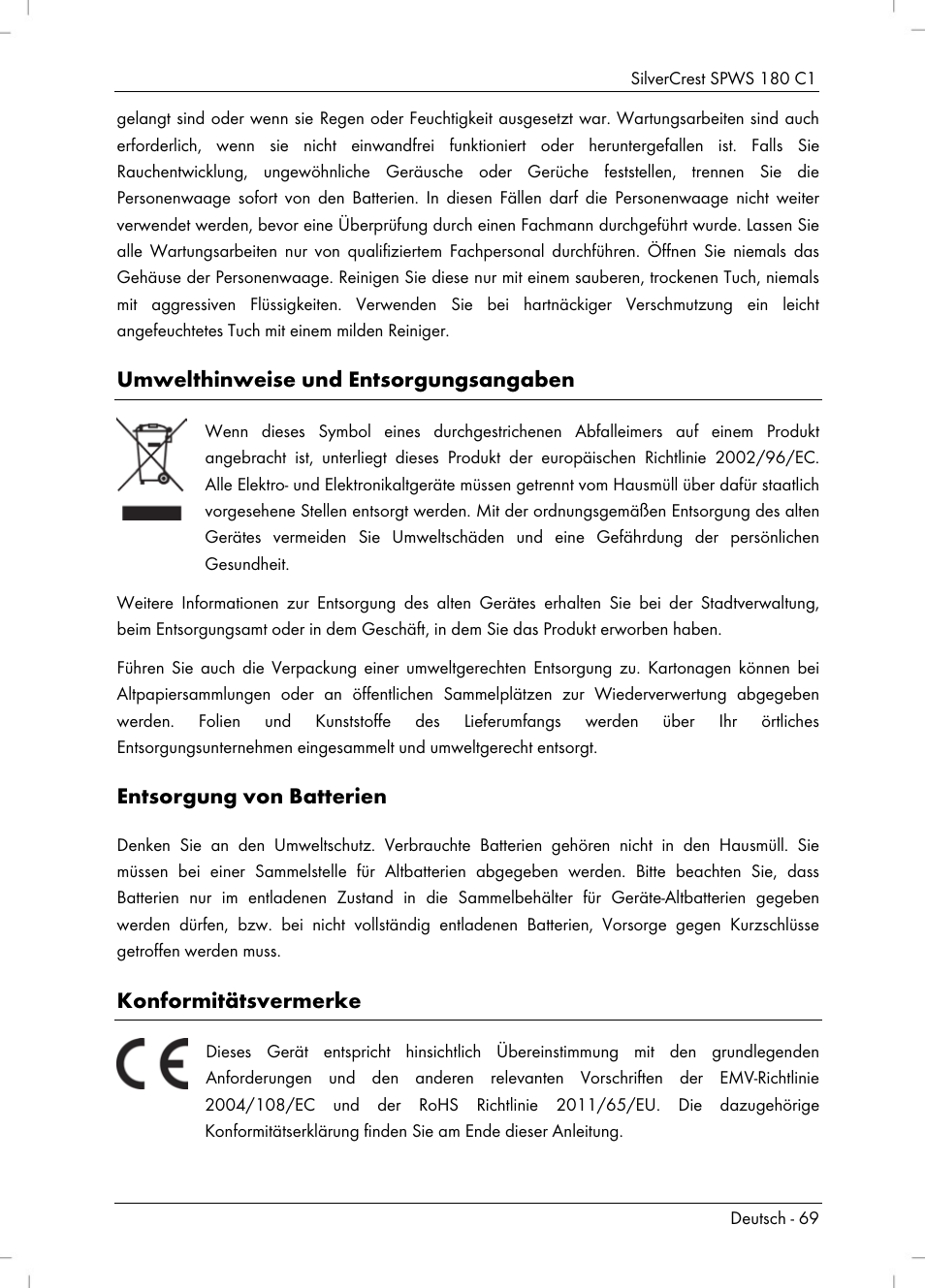 Umwelthinweise und entsorgungsangaben, Entsorgung von batterien, Konformitätsvermerke | Silvercrest SPWS 180 C1 User Manual | Page 71 / 74