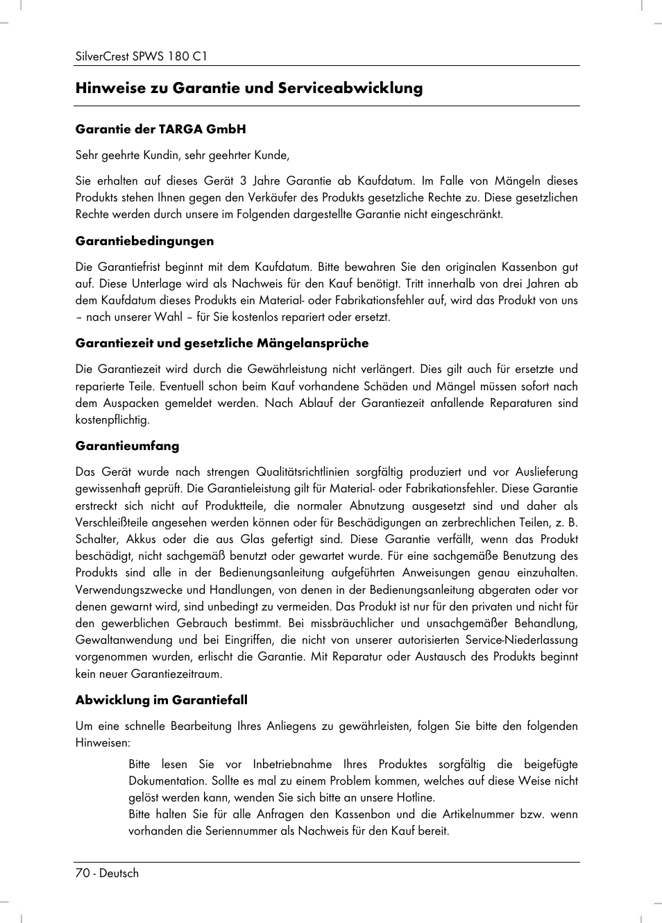 Hinweise zu garantie und serviceabwicklung | Silvercrest SPWS 180 C1 User Manual | Page 72 / 74