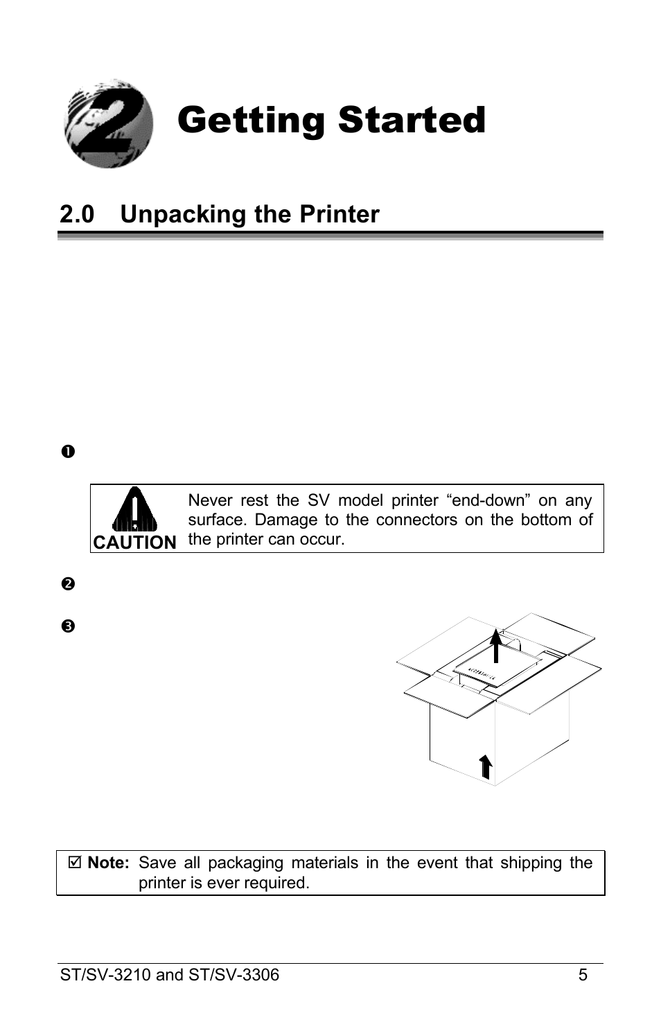 Getting started, 0 unpacking the printer | Datamax S-Class ST-3210 User Manual | Page 15 / 84