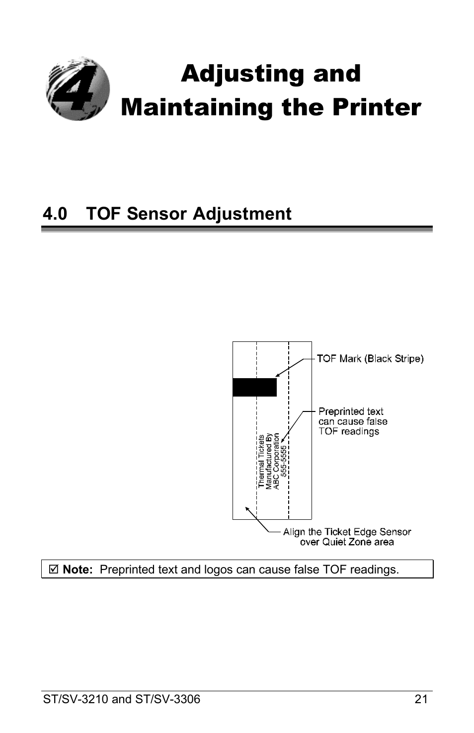 Adjusting and maintaining the printer, 0 tof sensor adjustment | Datamax S-Class ST-3210 User Manual | Page 31 / 84