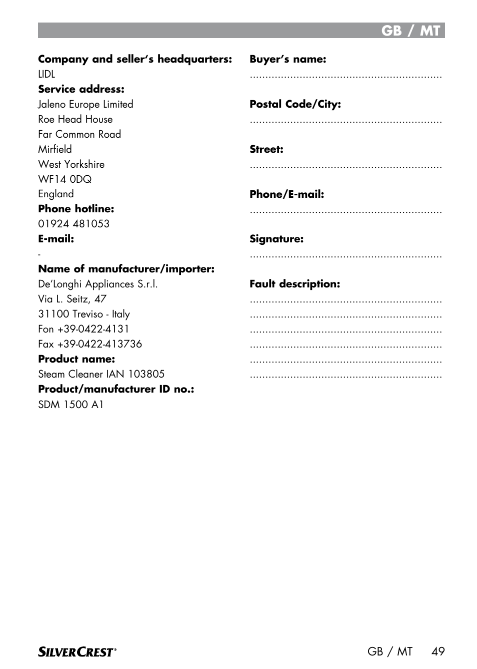 Gb / mt | Silvercrest SDM 1500 A1 User Manual | Page 51 / 64