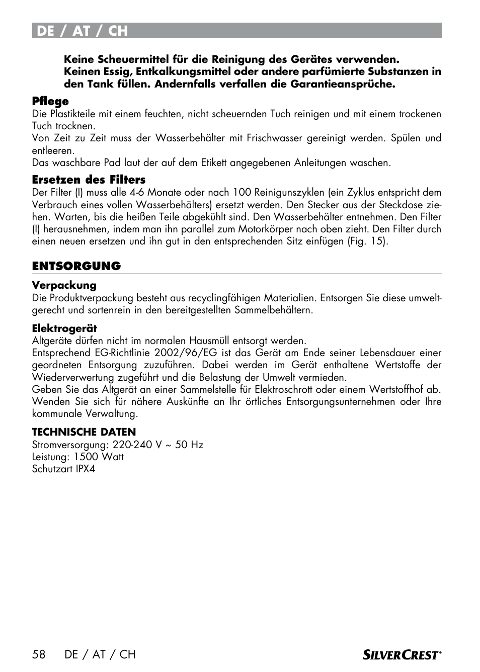 De / at / ch | Silvercrest SDM 1500 A1 User Manual | Page 60 / 64