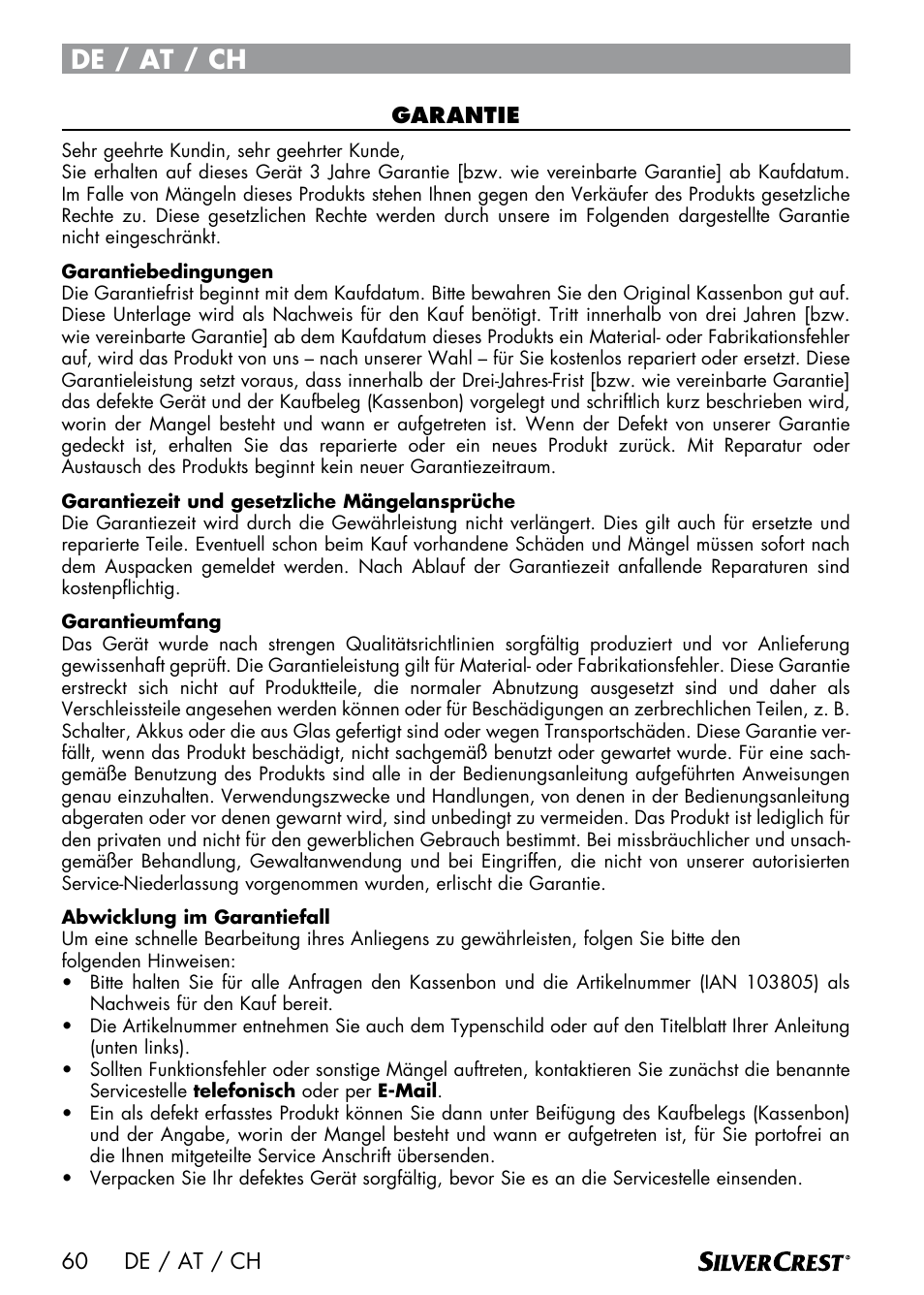 De / at / ch | Silvercrest SDM 1500 A1 User Manual | Page 62 / 64