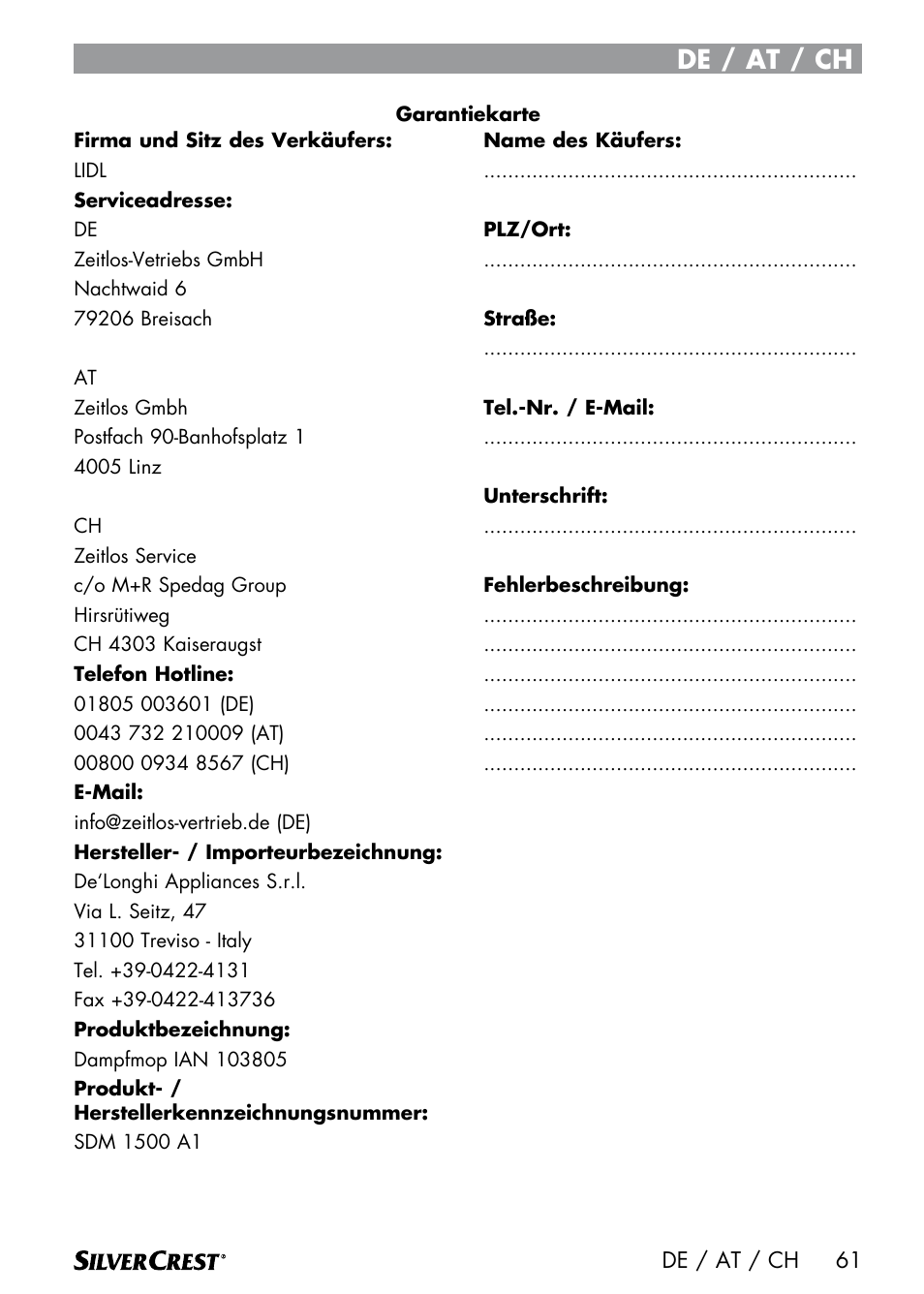 De / at / ch | Silvercrest SDM 1500 A1 User Manual | Page 63 / 64