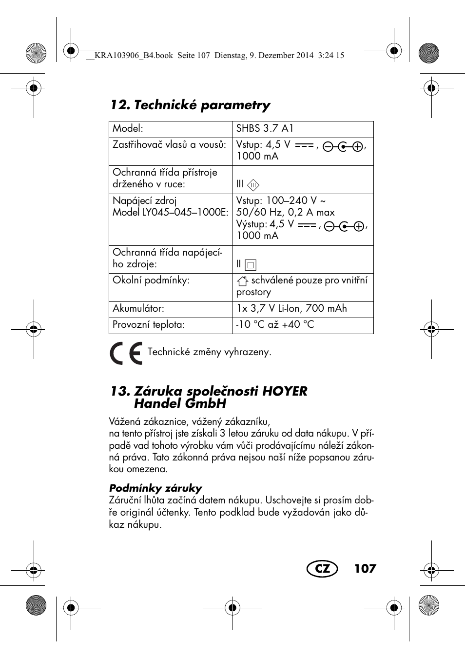 Technické parametry, Záruka spolenosti hoyer handelgmbh | Silvercrest SHBS 3.7 A1 User Manual | Page 109 / 156