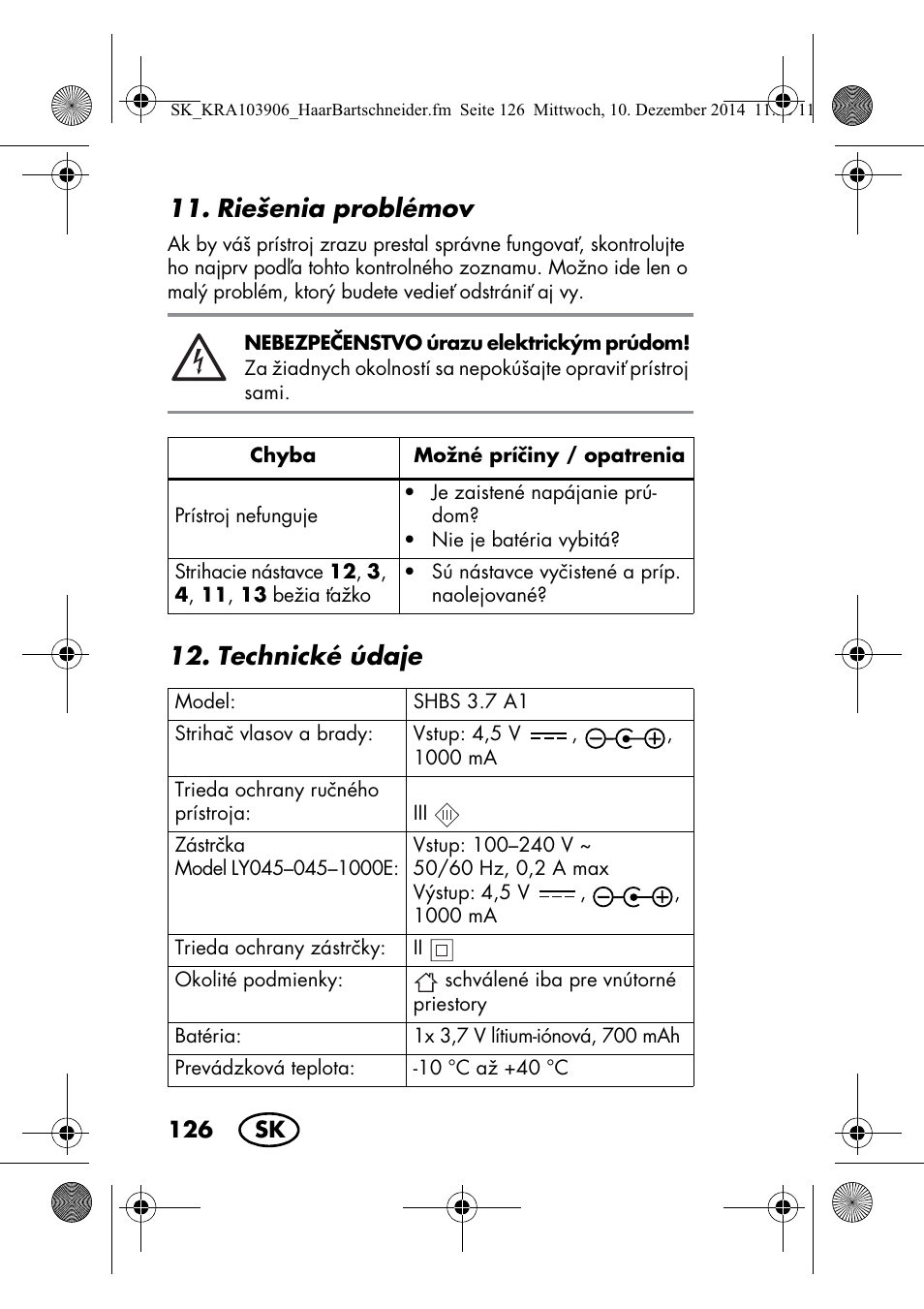 Riešenia problémov, Technické údaje | Silvercrest SHBS 3.7 A1 User Manual | Page 128 / 156