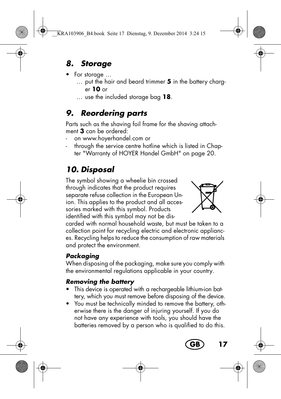 Storage, Reordering parts, Disposal | Silvercrest SHBS 3.7 A1 User Manual | Page 19 / 156