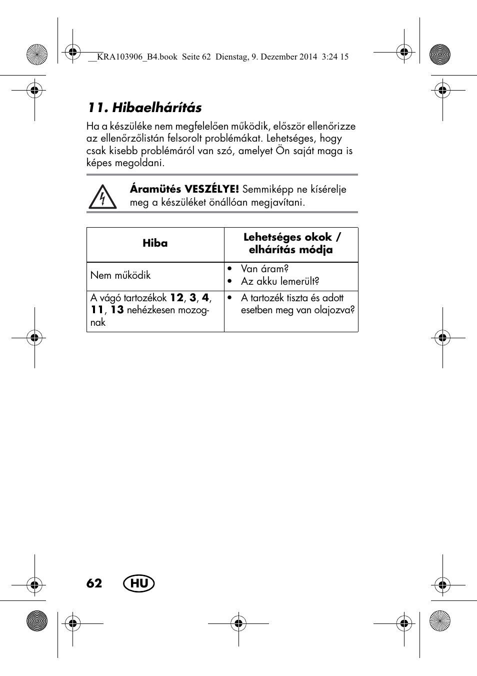 Hibaelhárítás | Silvercrest SHBS 3.7 A1 User Manual | Page 64 / 156