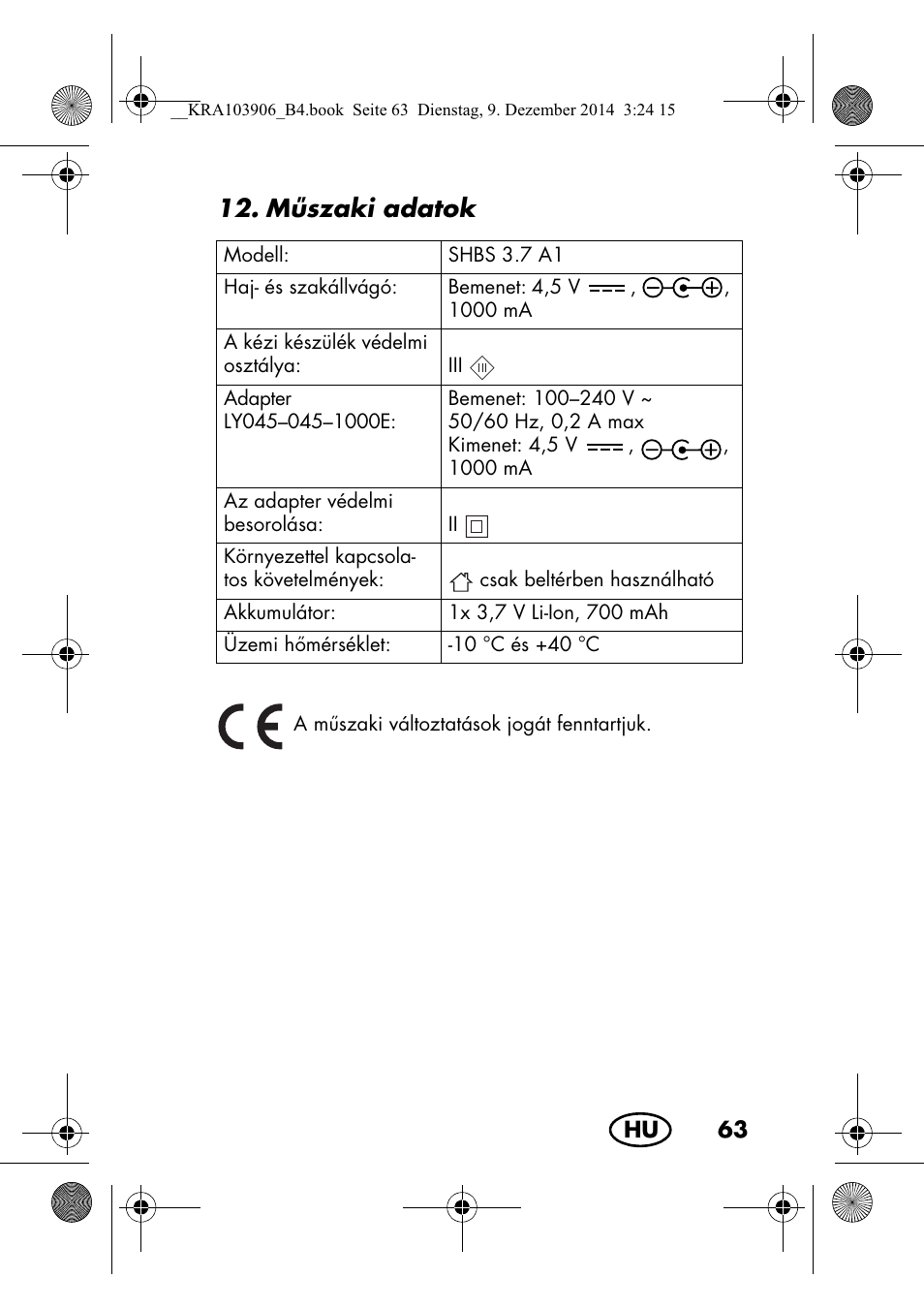 Mszaki adatok | Silvercrest SHBS 3.7 A1 User Manual | Page 65 / 156