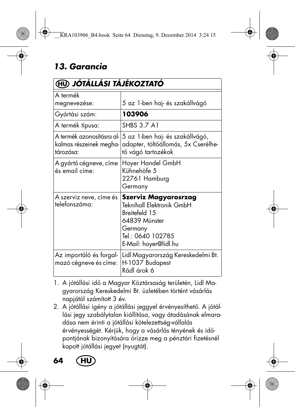 Garancia | Silvercrest SHBS 3.7 A1 User Manual | Page 66 / 156