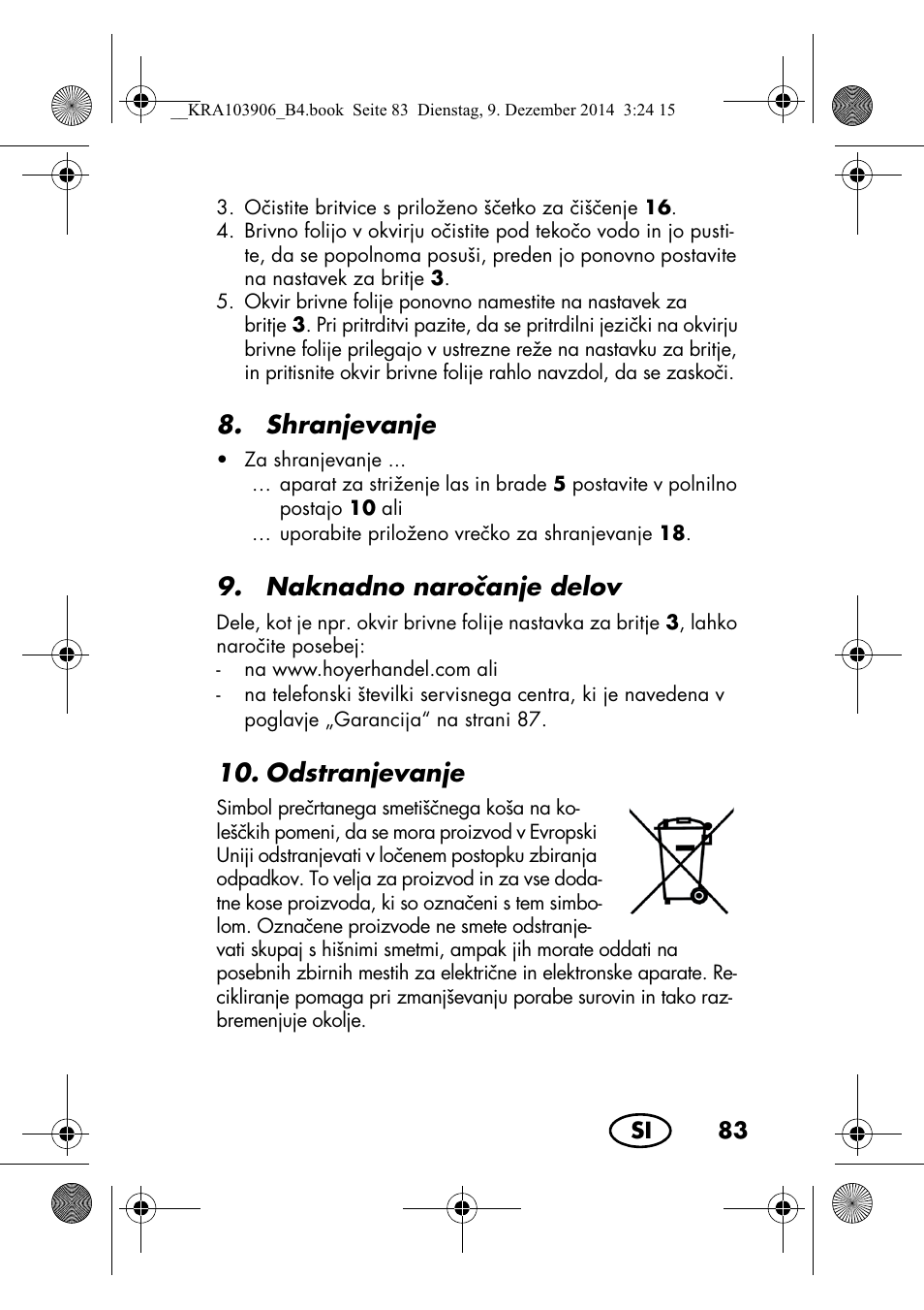 Shranjevanje, Naknadno naroanje delov, Odstranjevanje | Silvercrest SHBS 3.7 A1 User Manual | Page 85 / 156