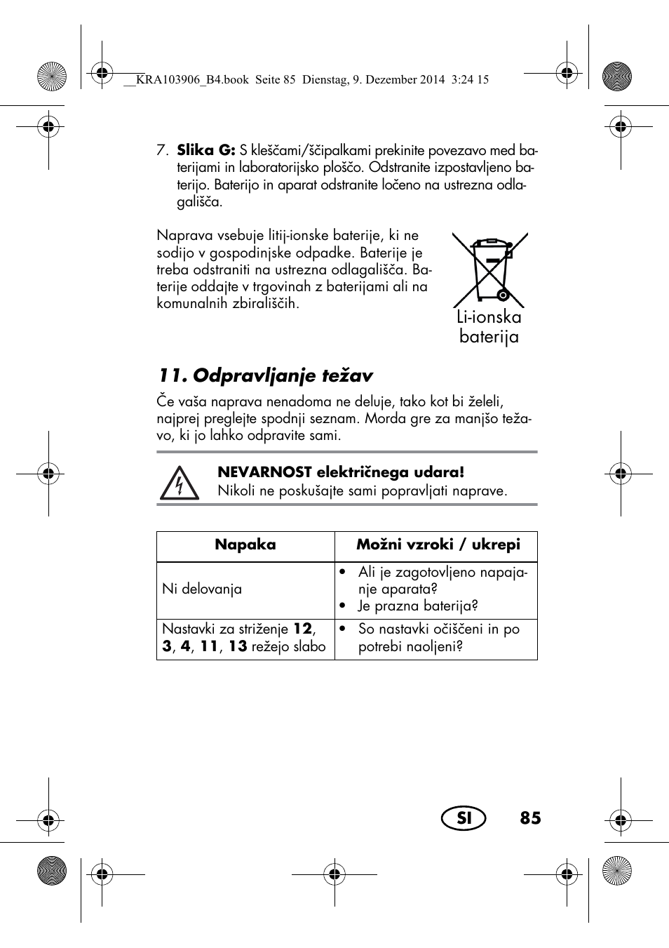 Odpravljanje težav, Li-ionska baterija | Silvercrest SHBS 3.7 A1 User Manual | Page 87 / 156