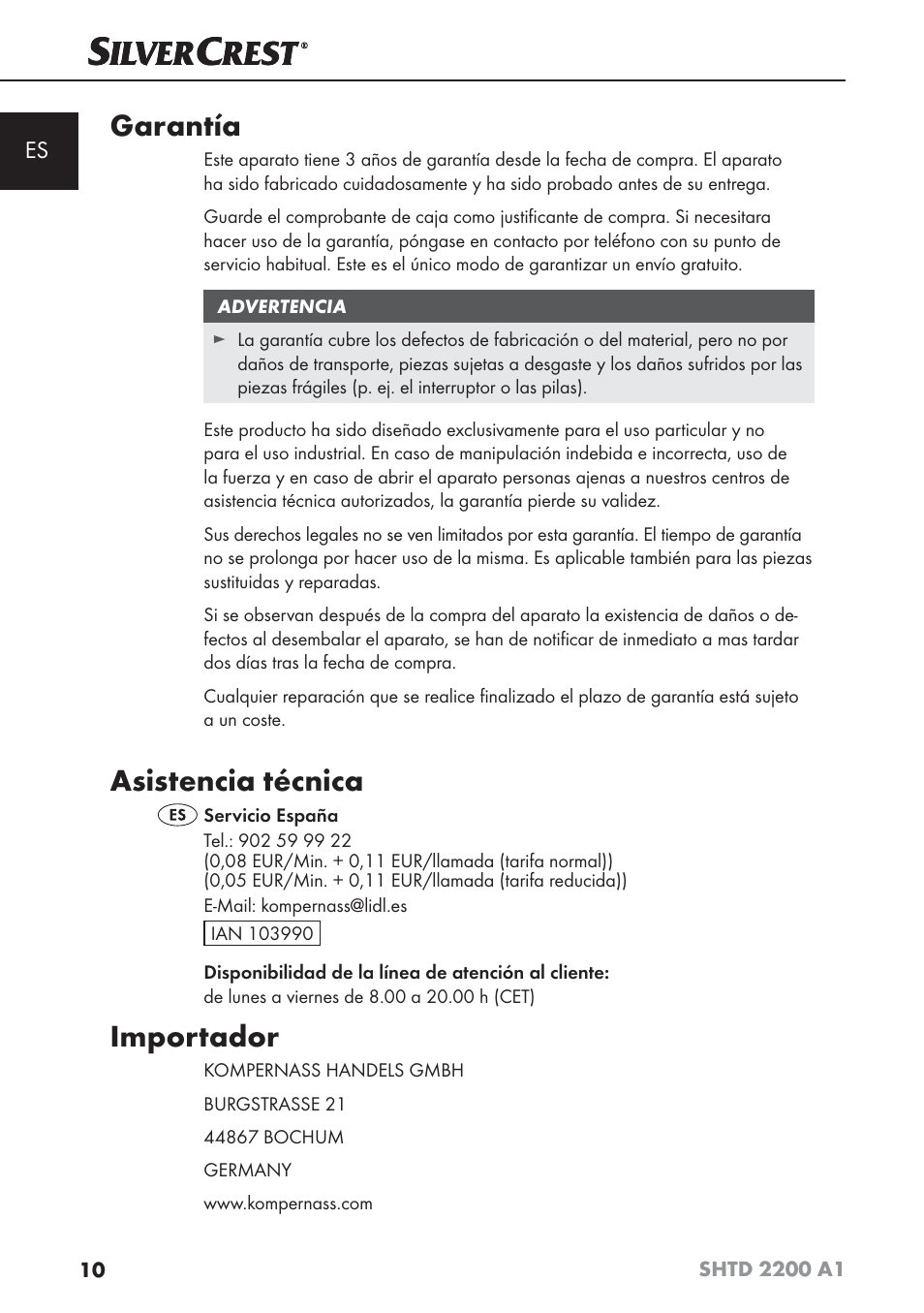 Garantía, Asistencia técnica, Importador | Silvercrest SHTD 2200 A1 User Manual | Page 13 / 54