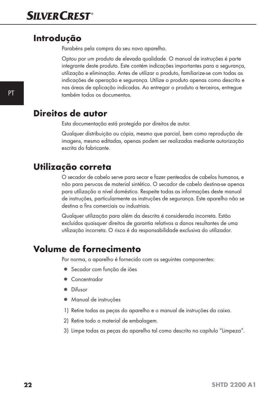 Introdução, Direitos de autor, Utilização correta | Volume de fornecimento | Silvercrest SHTD 2200 A1 User Manual | Page 25 / 54