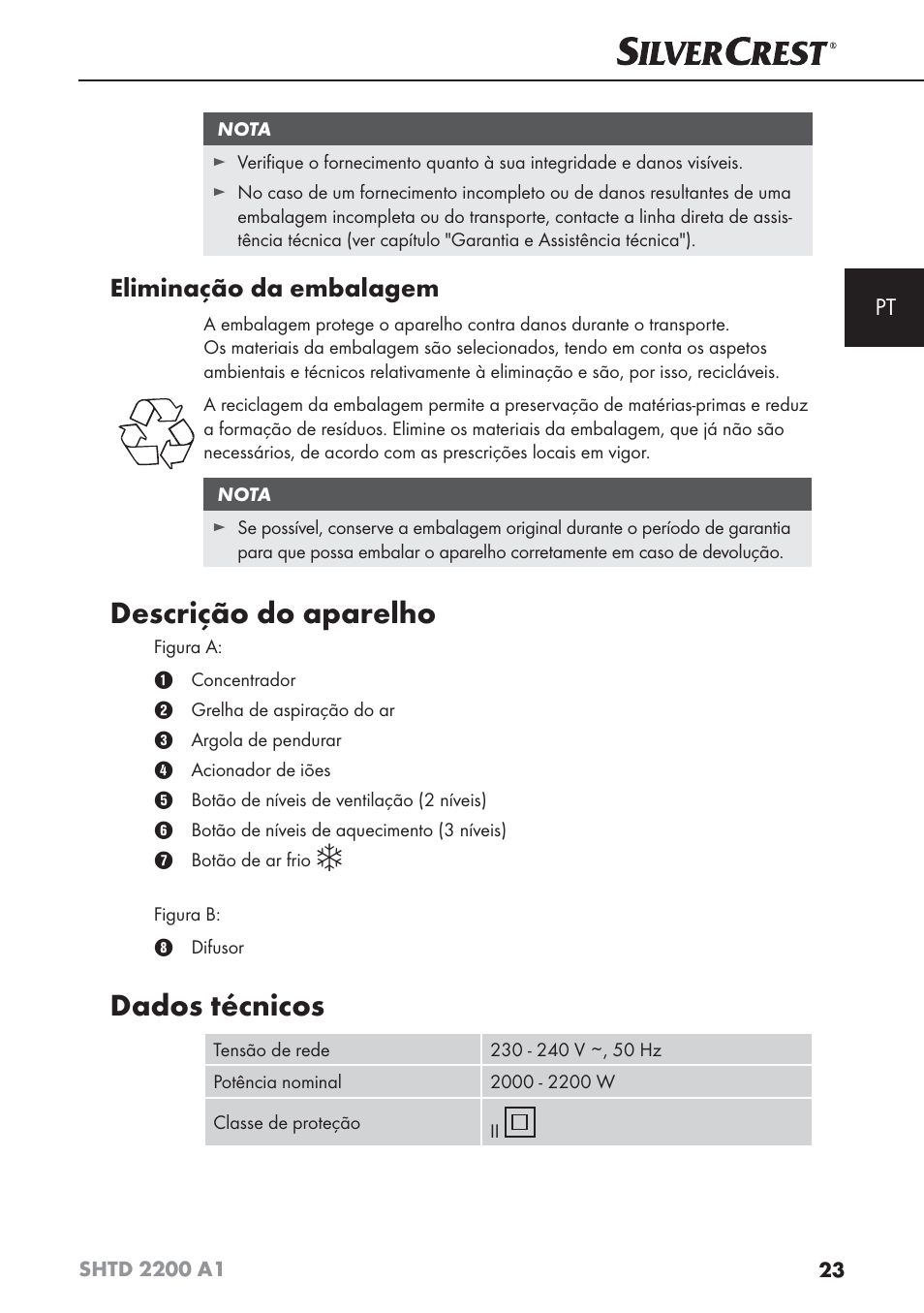 Descrição do aparelho, Dados técnicos, Eliminação da embalagem | Silvercrest SHTD 2200 A1 User Manual | Page 26 / 54