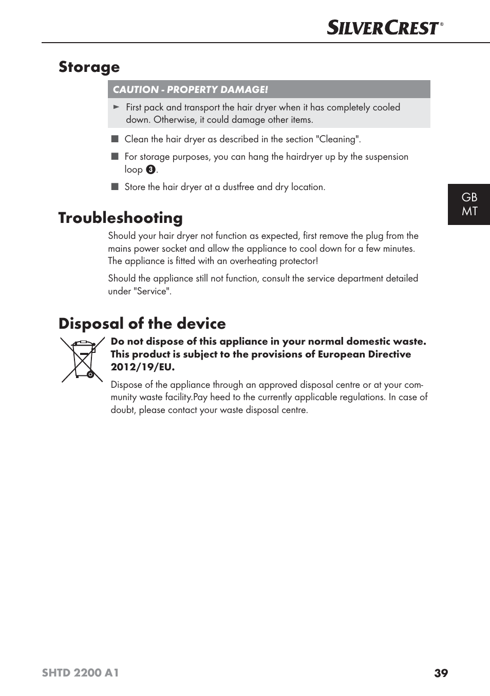 Storage, Troubleshooting, Disposal of the device | Silvercrest SHTD 2200 A1 User Manual | Page 42 / 54