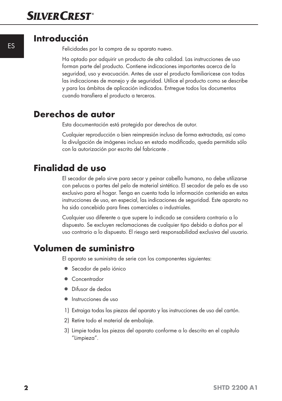 Introducción, Derechos de autor, Finalidad de uso | Volumen de suministro | Silvercrest SHTD 2200 A1 User Manual | Page 5 / 54