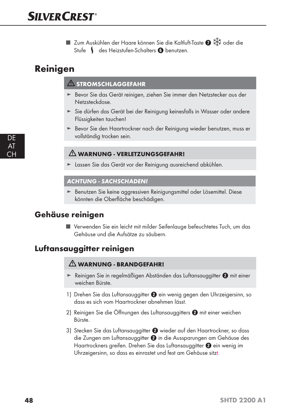 Reinigen, Gehäuse reinigen, Luftansauggitter reinigen | De at ch | Silvercrest SHTD 2200 A1 User Manual | Page 51 / 54