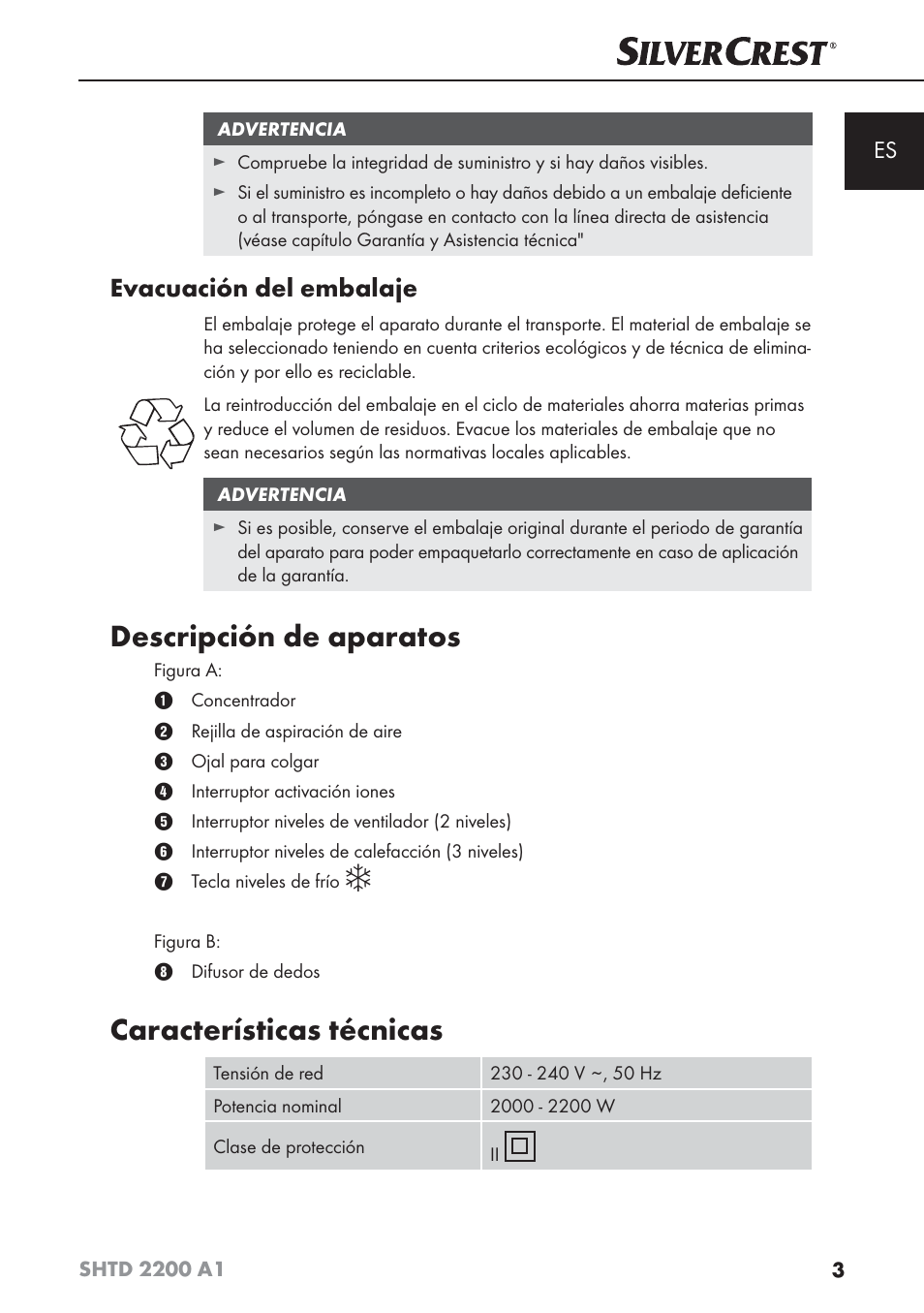 Descripción de aparatos, Características técnicas, Evacuación del embalaje | Silvercrest SHTD 2200 A1 User Manual | Page 6 / 54